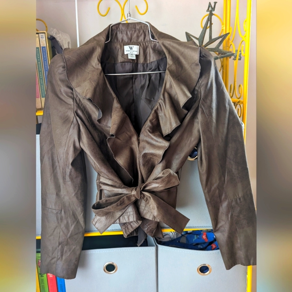 Brown Faux Leather Belted Jacket